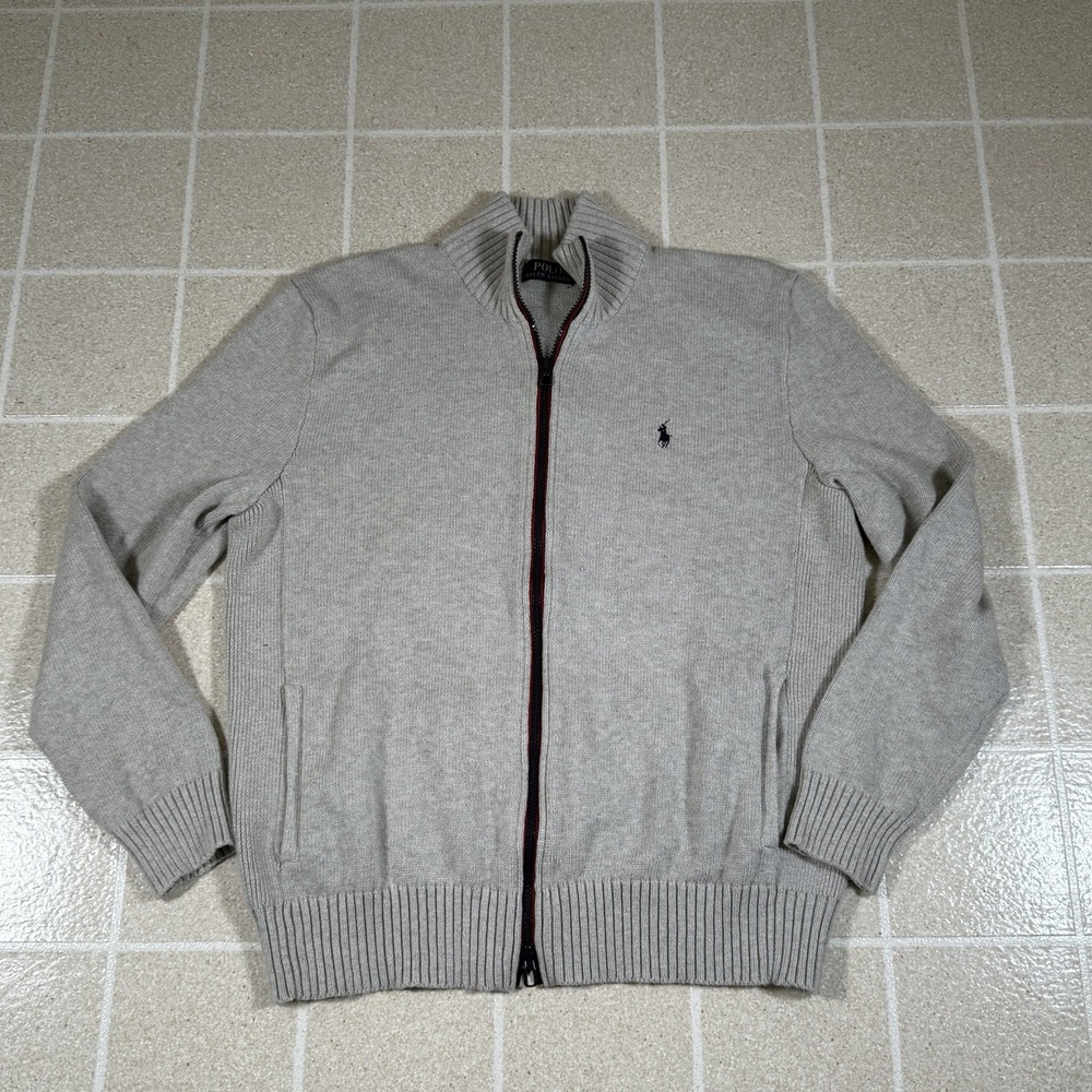 Polo Ralph Lauren Large Knit Zip Up Cardigan, Heather Grey, Front Pockets